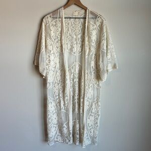 Altar'd State Boho Lace Crochet Sheer Long Open Front Kimono Top Size M
